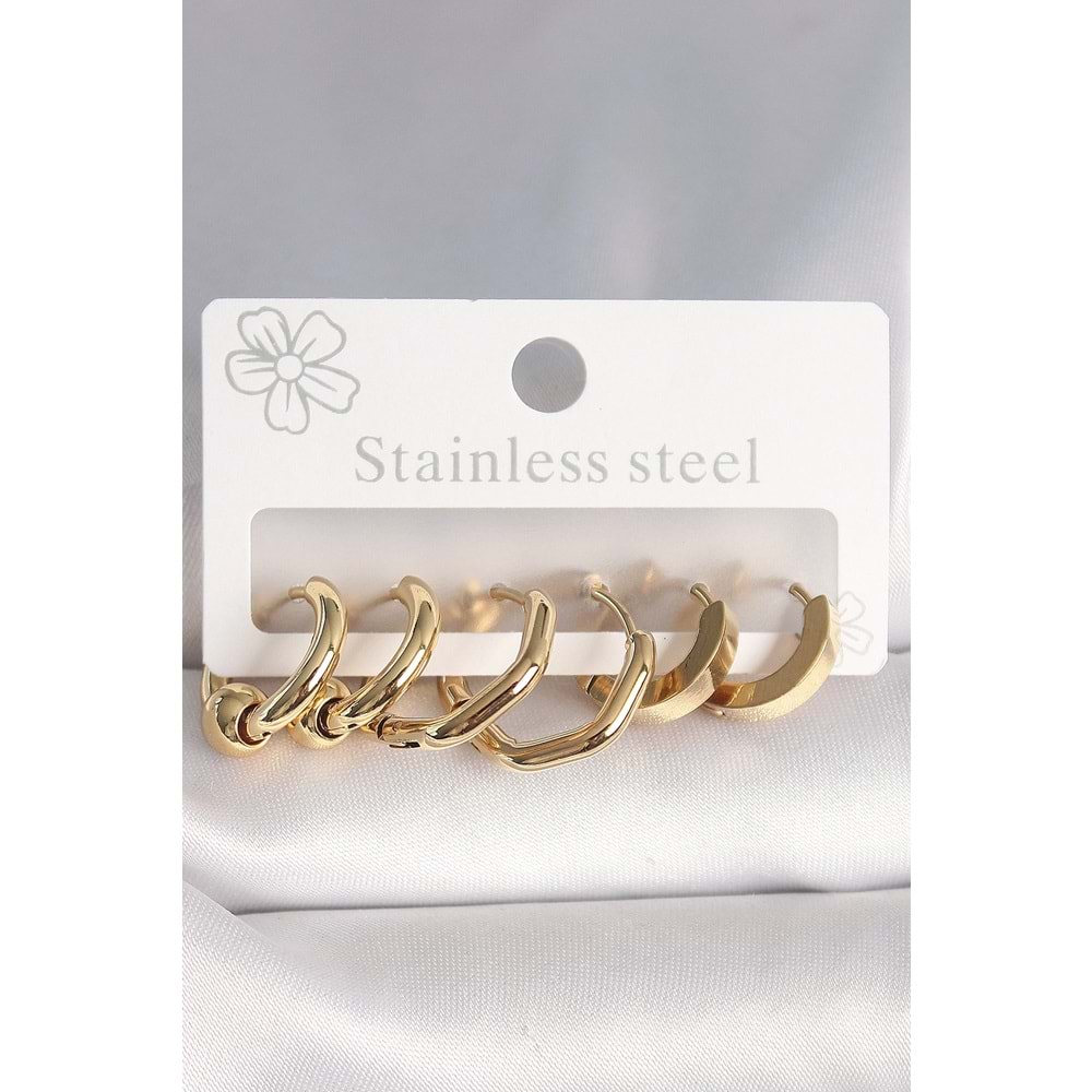 316L Çelik Gold Renk Altıgen Halka Model Kadın Küpe Seti