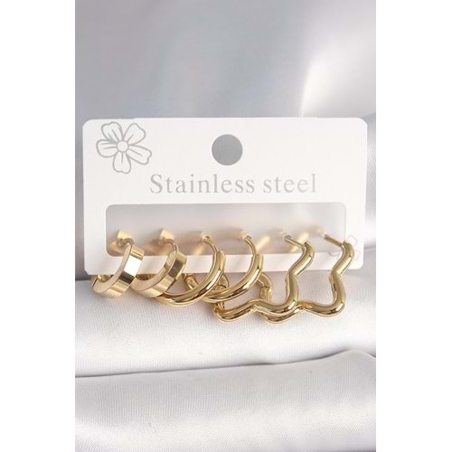 316L Çelik Gold Renk Yıldız Halka Model Kadın Küpe Seti