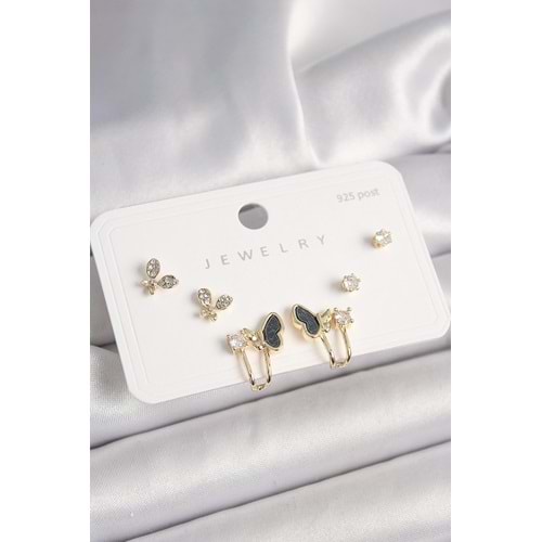 925 Ayar Gümüş Çivi Pirinç Zirkon Taşlı Kelebek Model Kadın Küpe Seti