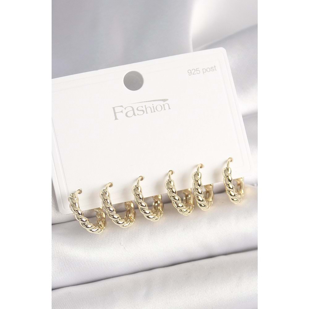 925 Ayar Gümüş Çivi Pirinç Gold Renk Sarmal Halka Model Kadın Küpe Seti