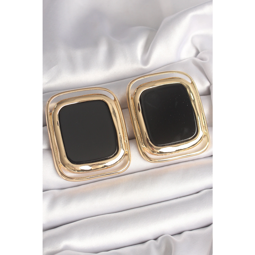 Pirinç Gold Renk Siyah Mineli Kare Model Kadın Küpe