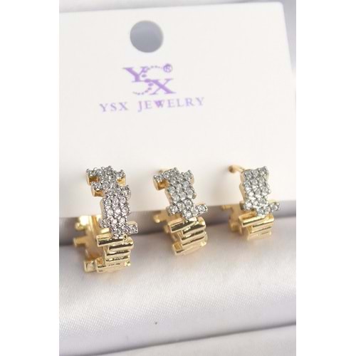 Pirinç Gold Renk Zirkon Taşlı Dorika Model 3'Lü Kadın Kombin Küpe