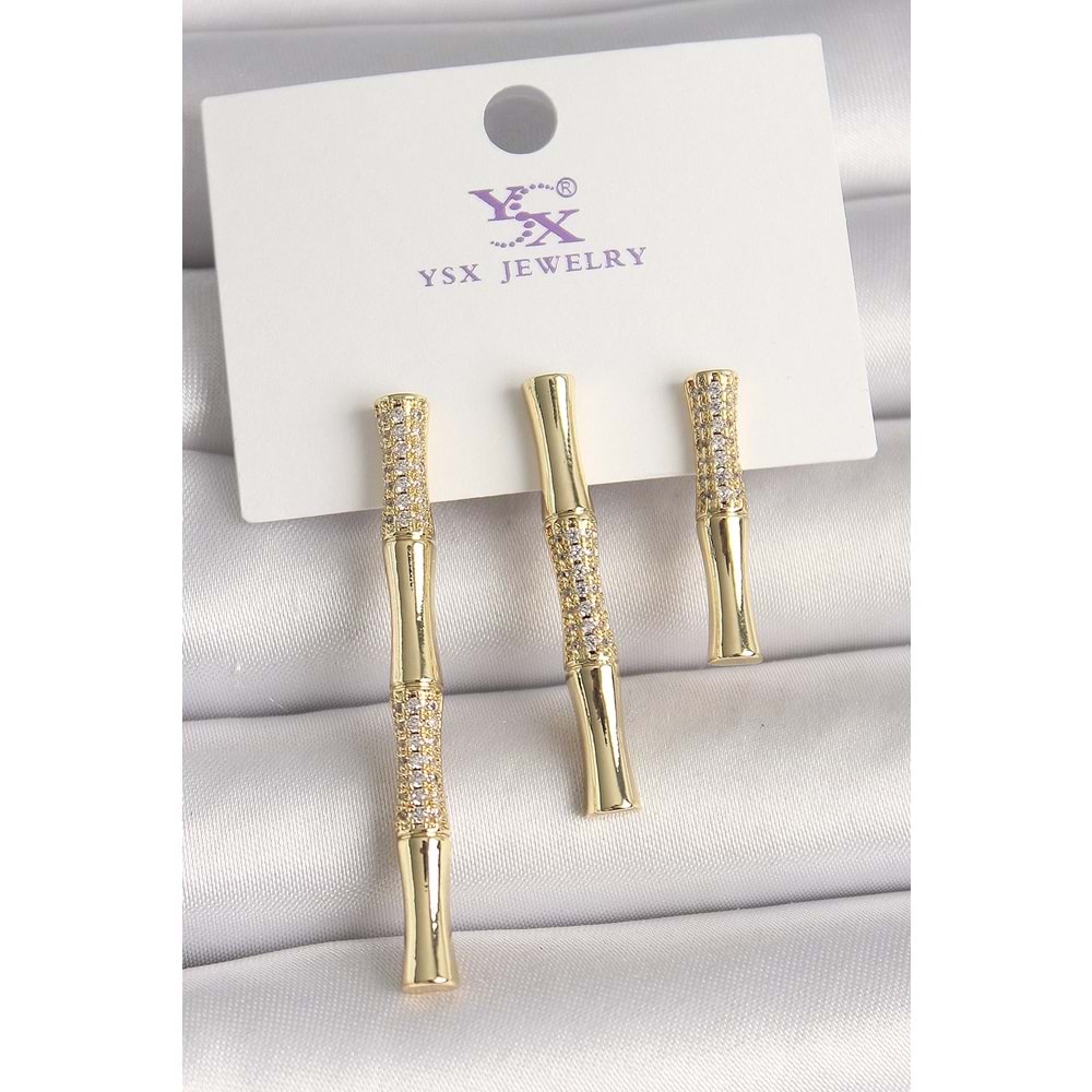 Pirinç Gold Renk Zirkon Taşlı Bambu Model 3'Lü Kadın Kombin Küpe
