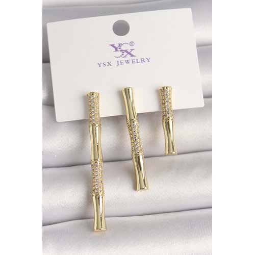 Pirinç Gold Renk Zirkon Taşlı Bambu Model 3'Lü Kadın Kombin Küpe