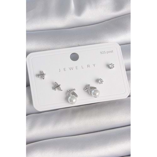 Pirinç Gümüş Renk Zirkon Taşlı Kelebek Model İnci Detay 925 Ayar Gümüş Çivi Kadın Küpe Seti