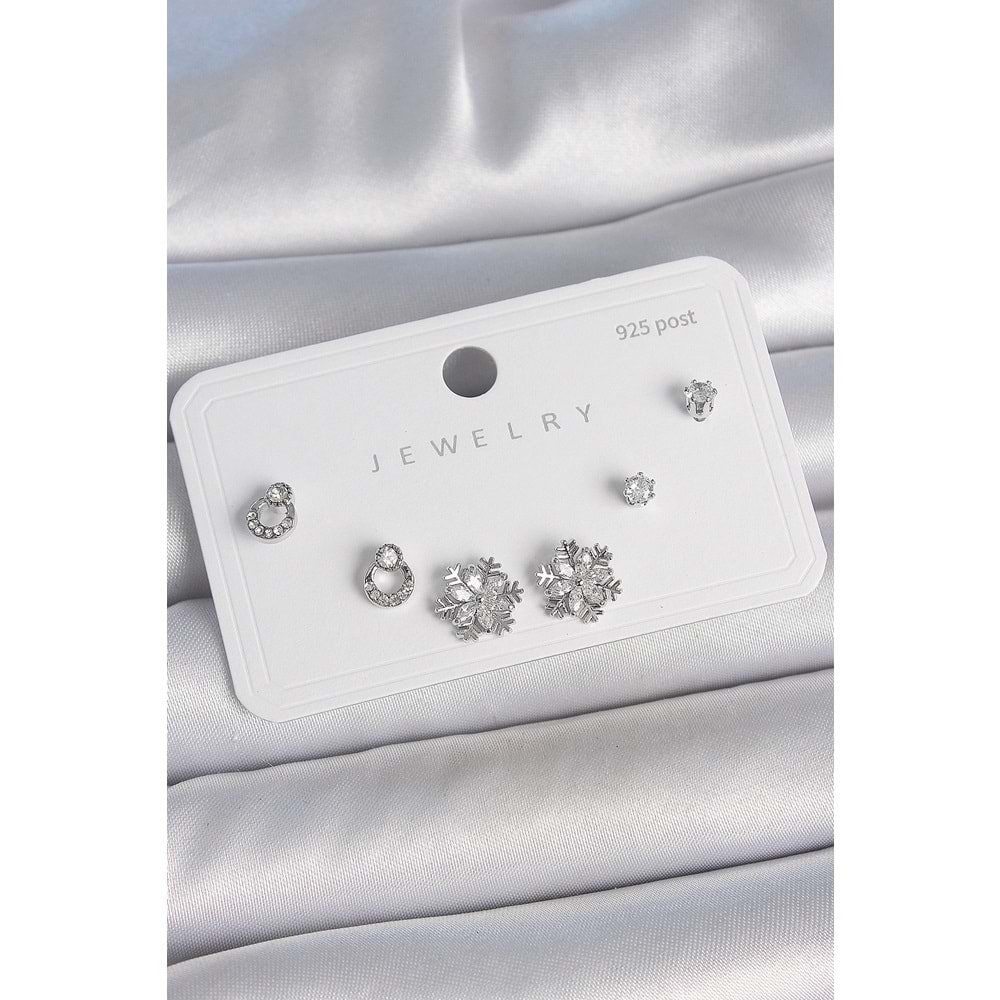 Pirinç Gümüş Renk Zirkon Taşlı Kar Tanesi Model 925 Ayar Gümüş Çivi Kadın Küpe Seti