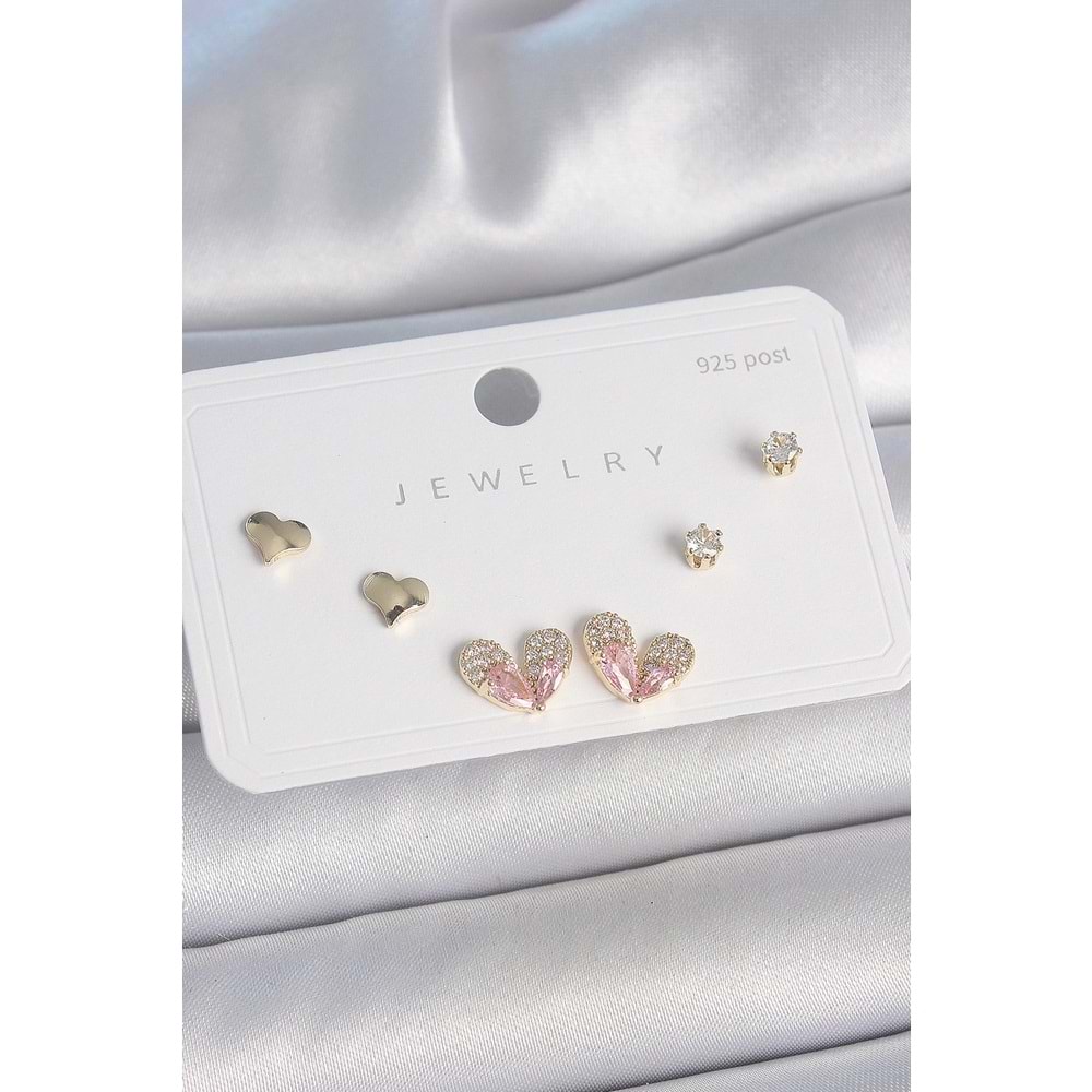 Pirinç Gold Renk Pembe Zirkon Taşlı Kalp Model 925 Ayar Gümüş Çivi Kadın Küpe Seti