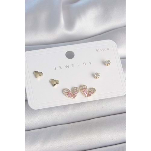 Pirinç Gold Renk Pembe Zirkon Taşlı Kalp Model 925 Ayar Gümüş Çivi Kadın Küpe Seti