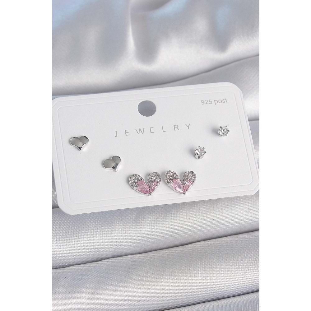 Pirinç Gümüş Renk Pembe Zirkon Taşlı Kalp Model 925 Ayar Gümüş Çivi Kadın Küpe Seti