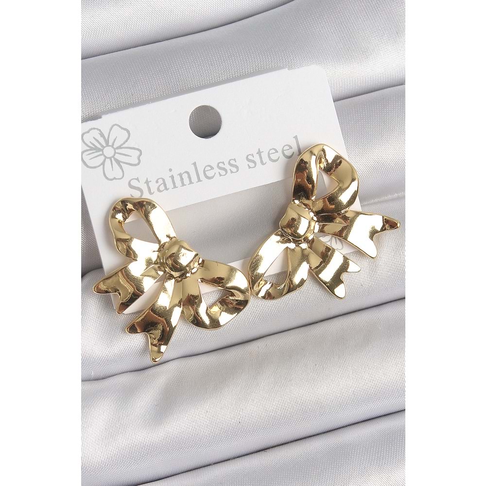 316 Çelik Gold Renk Kurdele Plaka Model Kadın Küpe