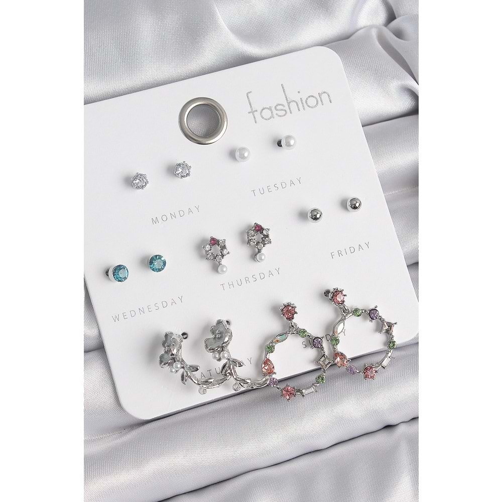 Pirinç Gümüş Renk Zirkon Taşlı Gül Figür Halka Model 7 Çift Kadın Küpe Seti