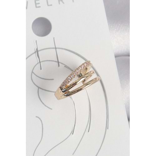 Pirinç Gold Renk Zirkon Taşlı 3'Lü Sıralı Model Kadın Kıkırdak Küpe