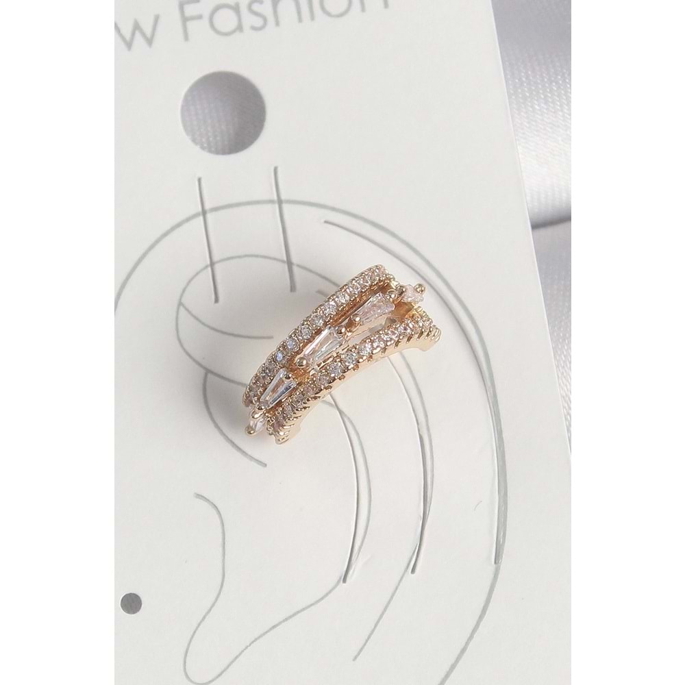 Pirinç Gold Renk Zirkon Taşlı 3'Lü Sıralı Model Kadın Kıkırdak Küpe