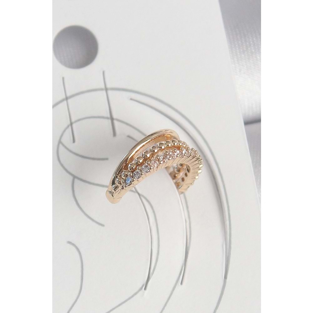 Pirinç Gold Renk Zirkon Taşlı 3'Lü Sıralı Model Kadın Kıkırdak Küpe