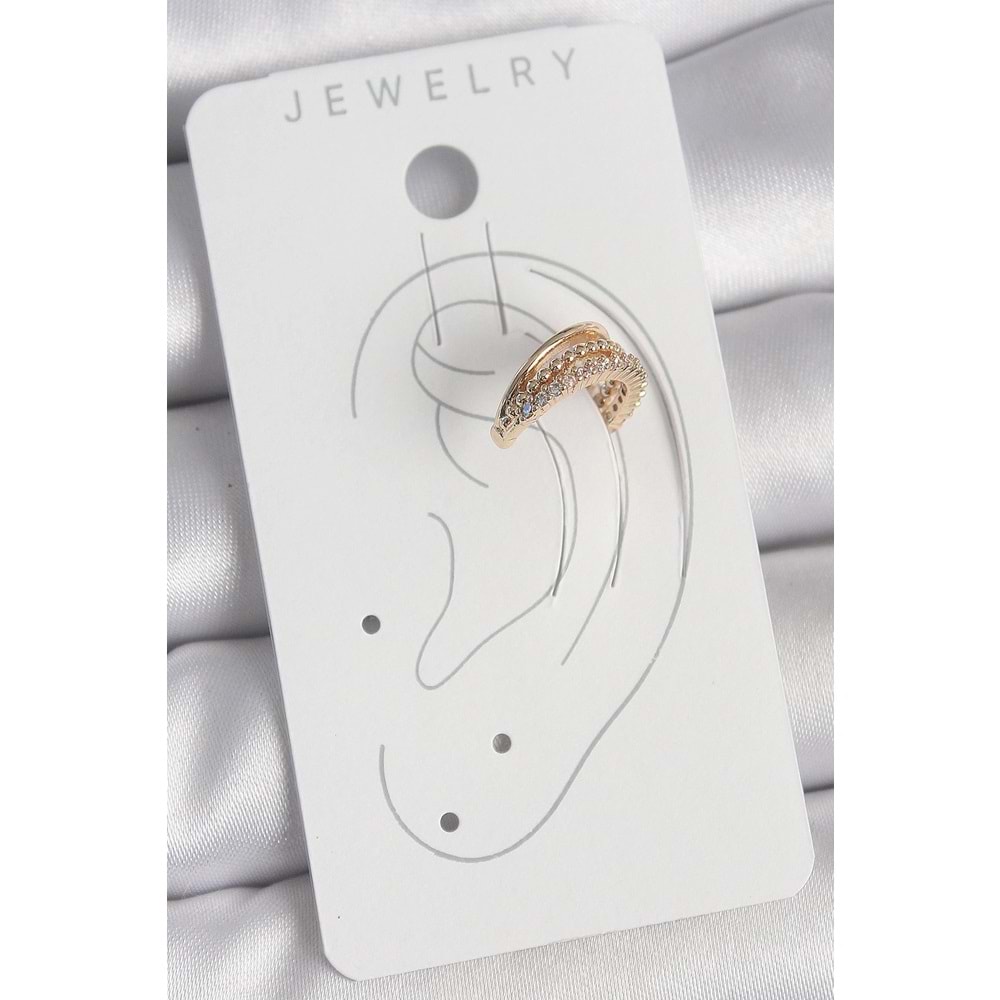 Pirinç Gold Renk Zirkon Taşlı 3'Lü Sıralı Model Kadın Kıkırdak Küpe