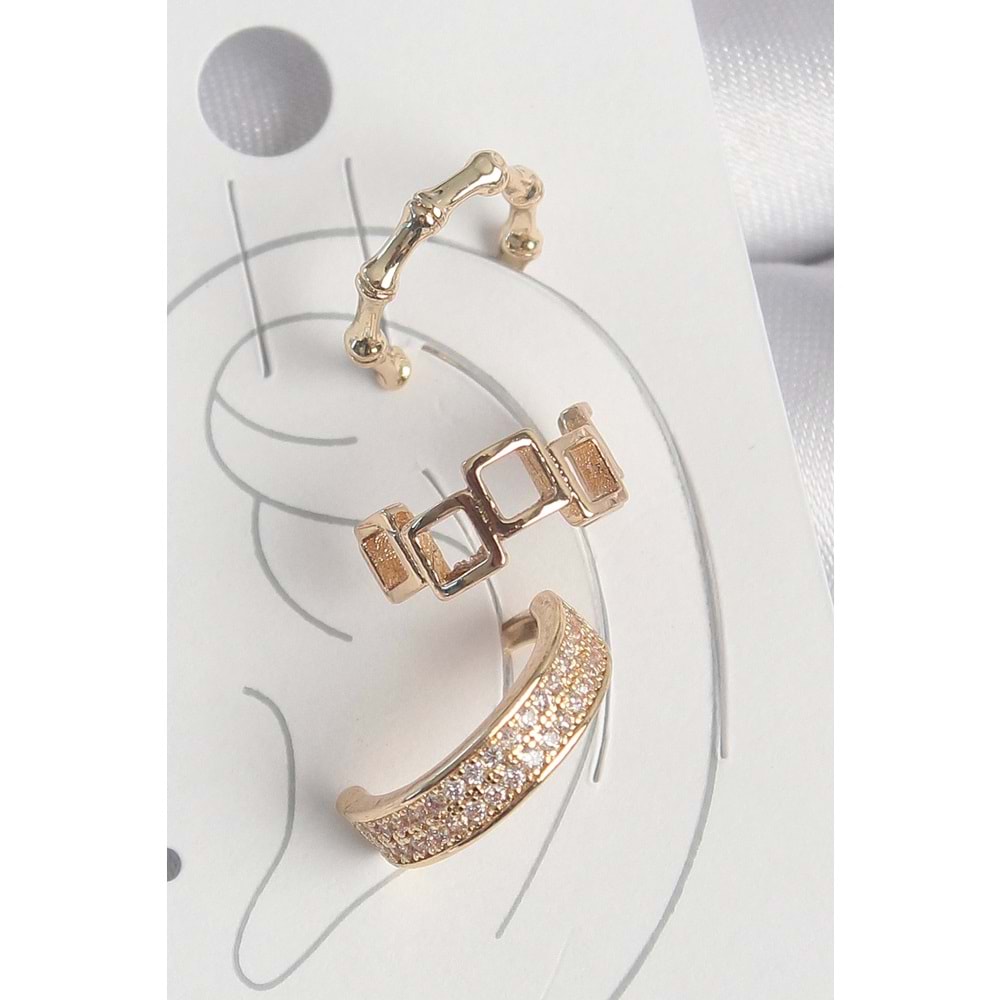 Pirinç Gold Renk Kare Model Zirkon Taşlı 3'Lü Model Kadın Kıkırdak Küpe