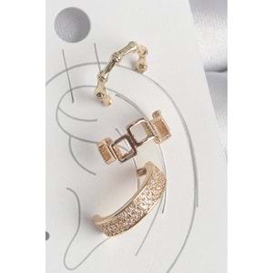 Pirinç Gold Renk Kare Model Zirkon Taşlı 3'Lü Model Kadın Kıkırdak Küpe