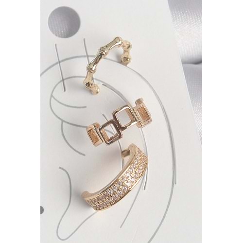 Pirinç Gold Renk Kare Model Zirkon Taşlı 3'Lü Model Kadın Kıkırdak Küpe