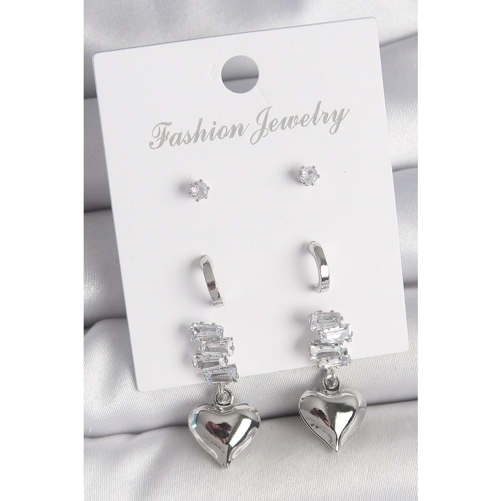 Pirinç Gümüş Renk Zirkon Taşlı Sallantılı Kalp Model Yarım Halka Detay 3 Çfit Kadın Küpe Seti