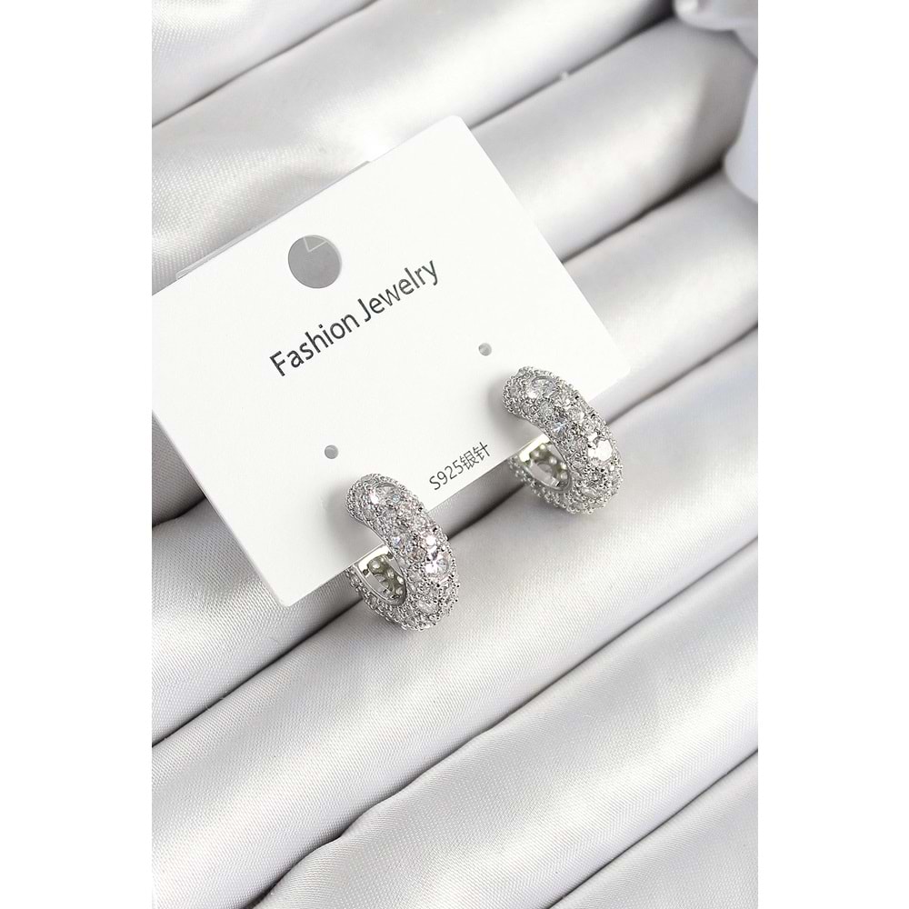 Pirinç Zirkon Taşlı Halka Model Gümüş Renk Kadın Küpe