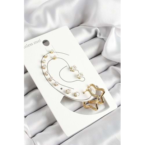316L Çelik Yıldız Figürlü Ve Zirkon Taşlı Gold Renk 7'li Çift Kadın Küpe Set