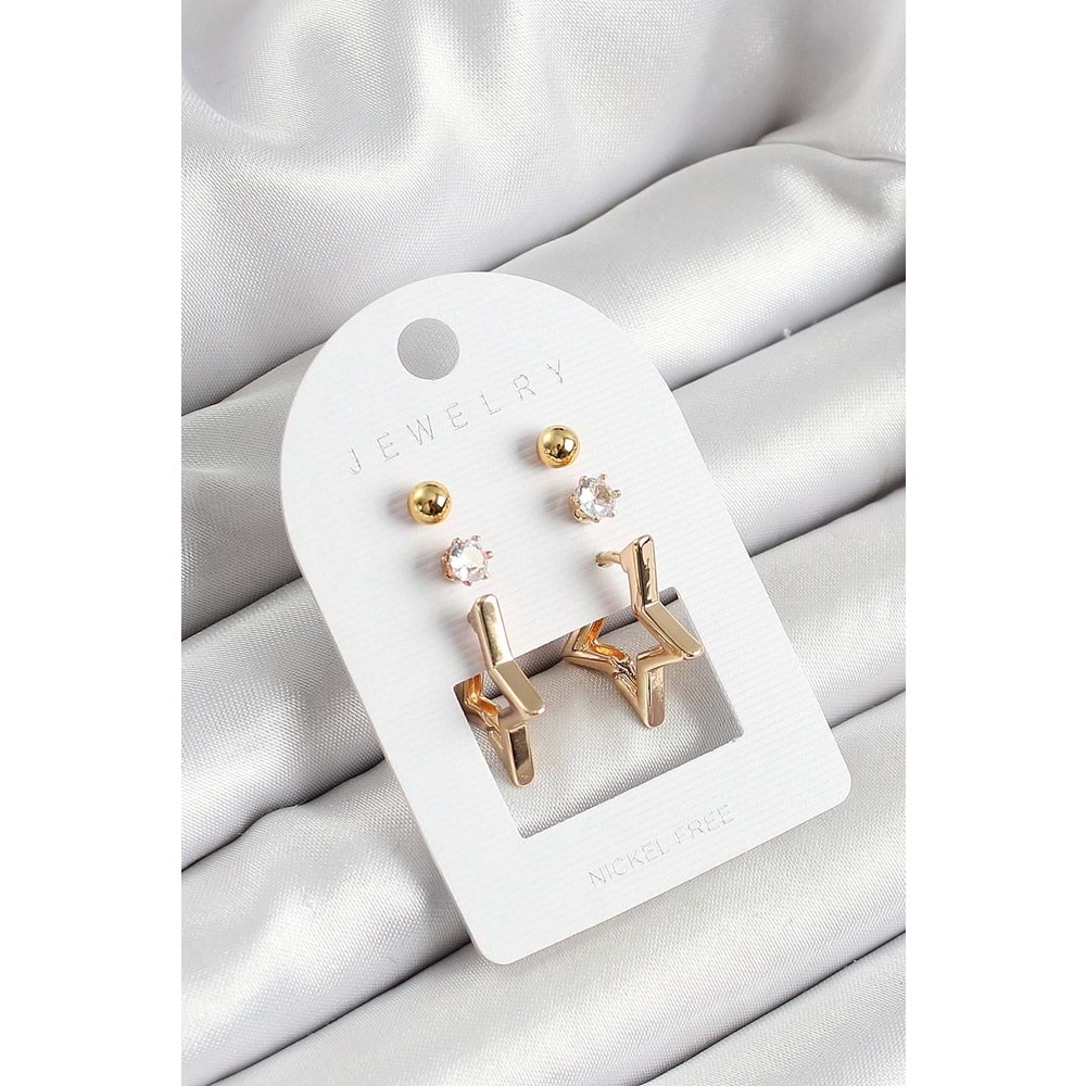 Pirinç Zirkon Taş Ve Yıldız Figürlü Gold Renk 3'lü Çift Kadın Küpe Set
