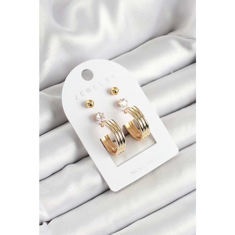 Pirinç Zirkon Taş Ve Halka Figürlü Gold Renk 3'lü Çift Kadın Küpe Set