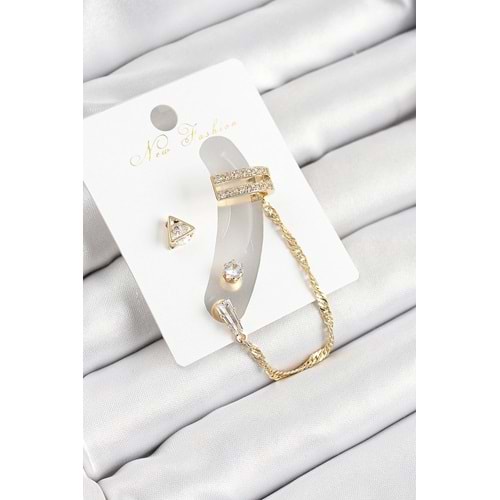 Pirinç Üçgen Figürlü Zirkon Taşlı Gold Renk 3'lü Kıkırdak Kadın Küpe Set