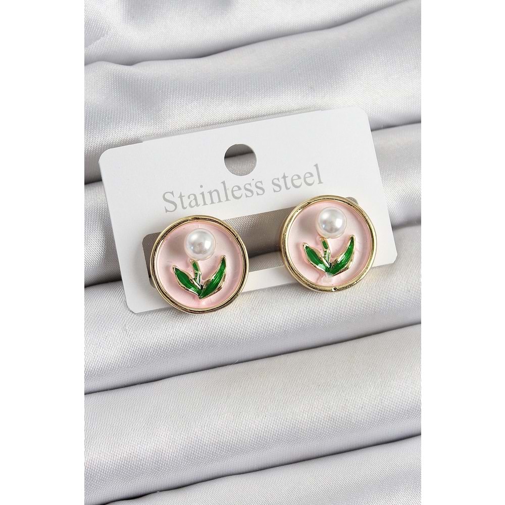 Pirinç Pembe Mineli Lale Figürlü Sanatsal Portre Model Gold Renk Kadın Küpe