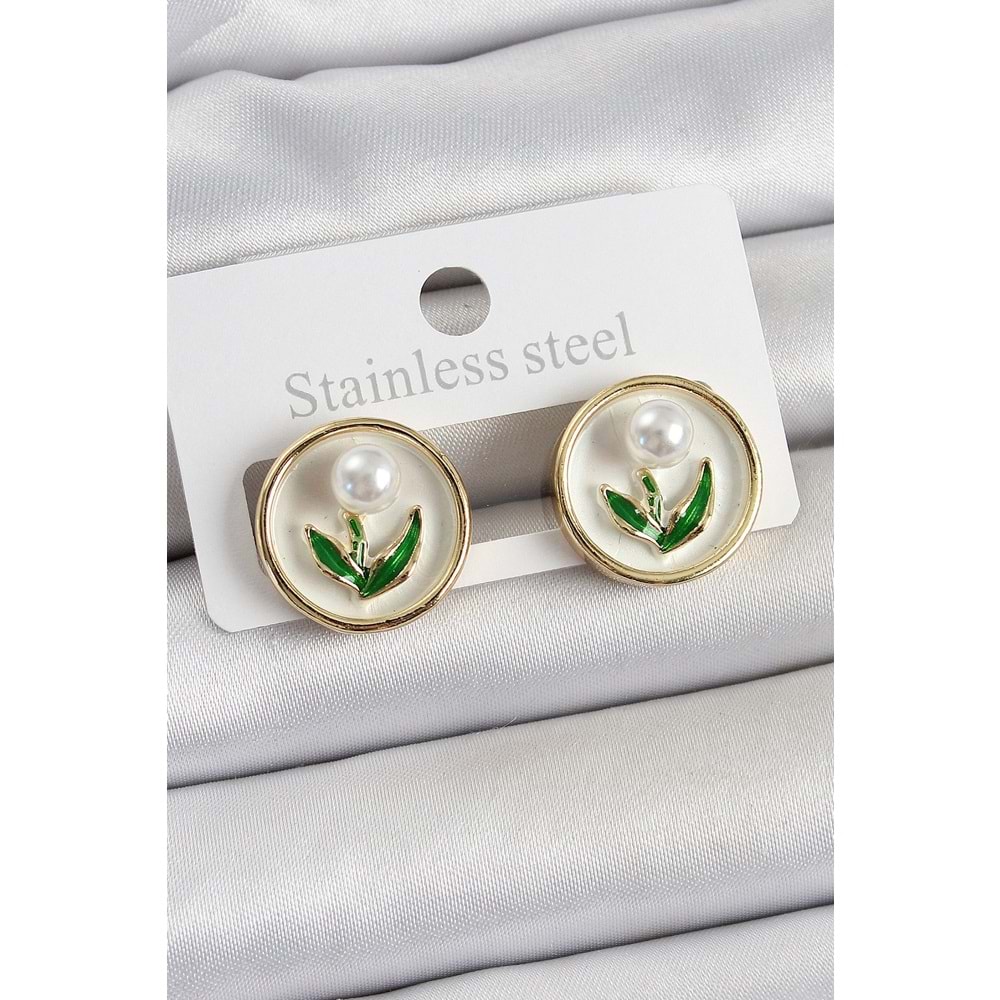 Pirinç Beyaz Mineli Lale Figürlü Sanatsal Portre Model Gold Renk Kadın Küpe