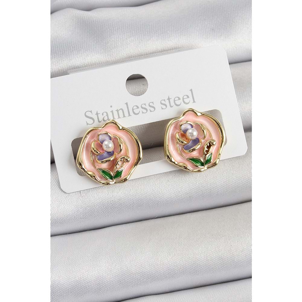 Pirinç Pembe Mineli Çiçek Figürlü Sanatsal Portre Model Gold Renk Kadın Küpe