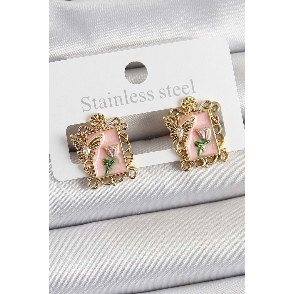 Pirinç Pembe Mineli Sanatsal Portre Model Gold Renk Kadın Küpe