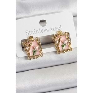 Pirinç Pembe Mineli Sanatsal Portre Model Gold Renk Kadın Küpe