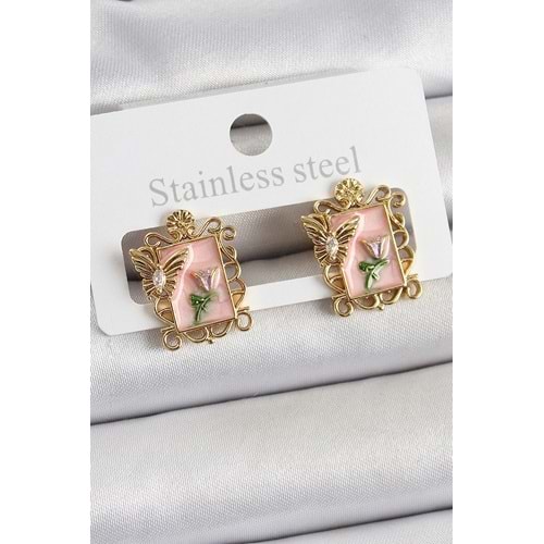 Pirinç Pembe Mineli Sanatsal Portre Model Gold Renk Kadın Küpe