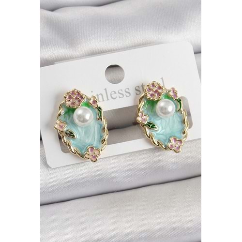 Pirinç Yeşil Mineli İnci Detaylı Sanatsal Portre Model Gold Renk Kadın Küpe