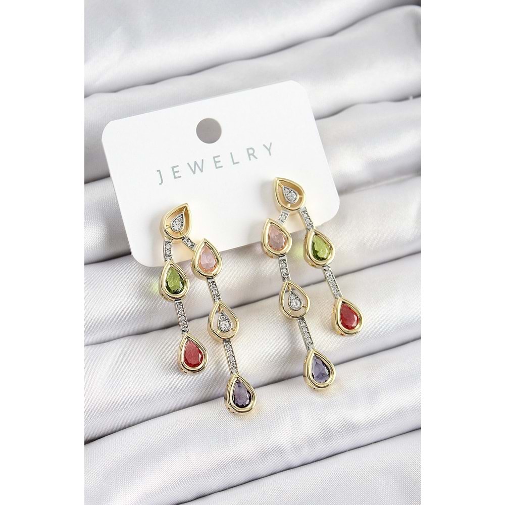 Pirinç Çoklu Damla Model Karşık Zirkon Taşlı Gold Ve Gümüş Renk Kadın Küpe