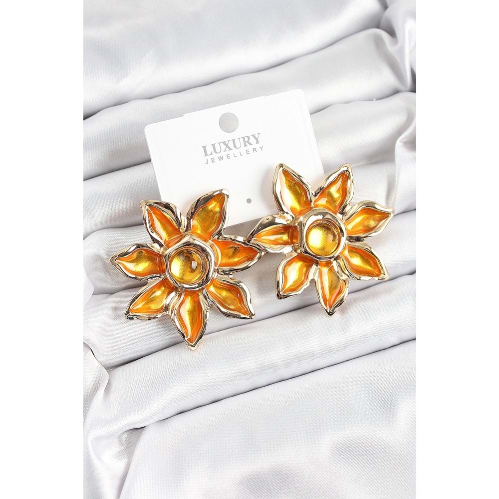 Pirinç Mineli Alevli Çiçek Model Gold Renk Kadın Küpe