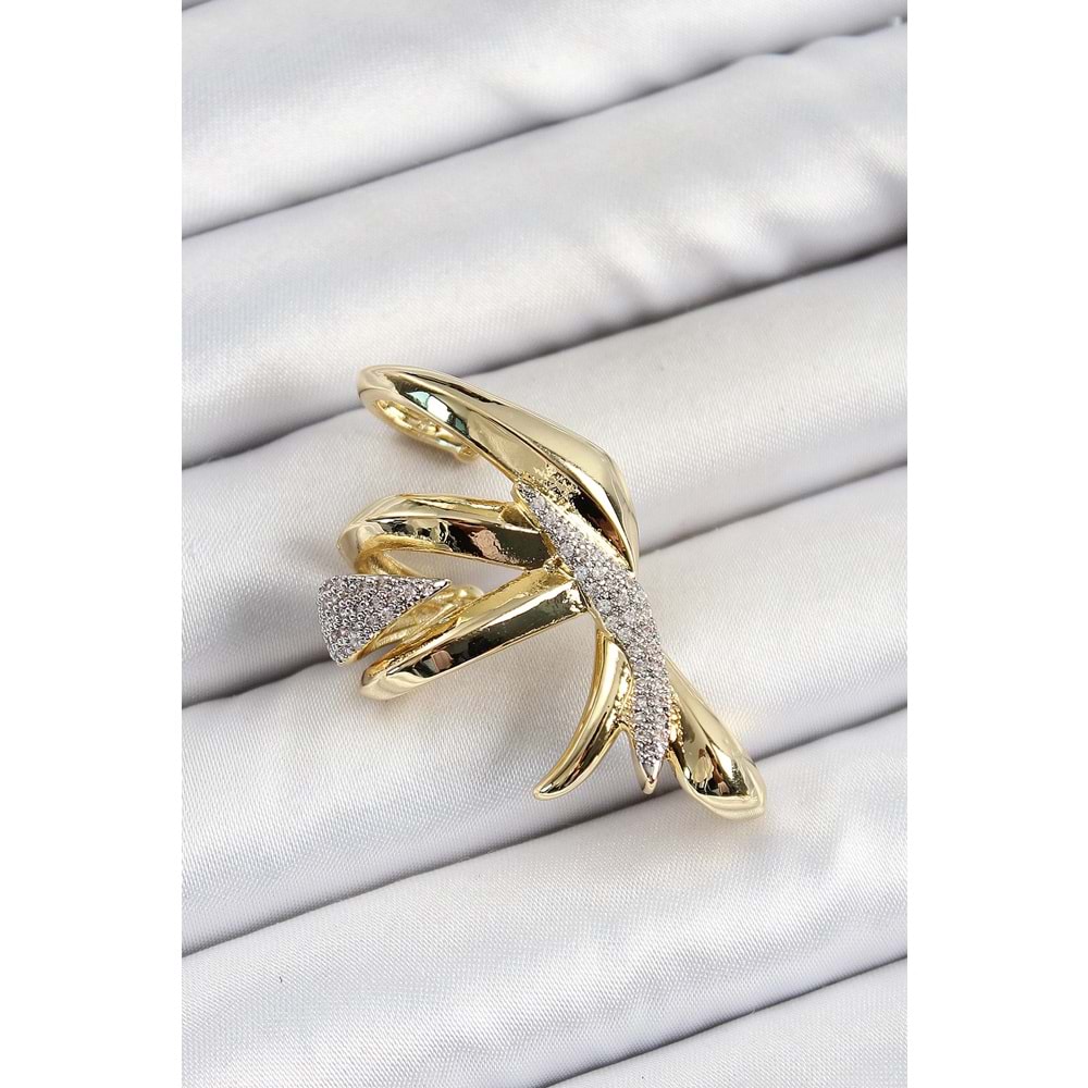 Pirinç Zirkon Taşlı Sıkıştırma Sağ Kıkırdak Gold Renk Kadın Küpe