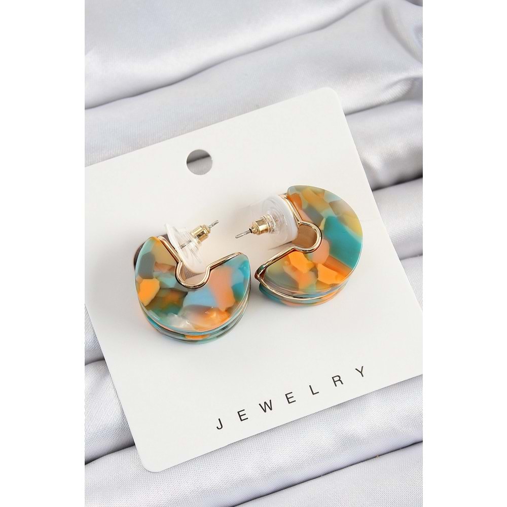 Pirinç Mermer Desenli Vintage Yarım Halka Model Gold Renk Kadın Küpe