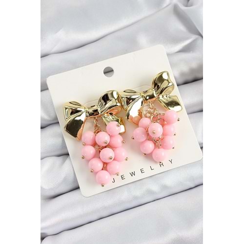 Pirinç Sallantılı Pembe Boncuklu Fiyonk Vintage Model Gold Renk Kadın Küpe