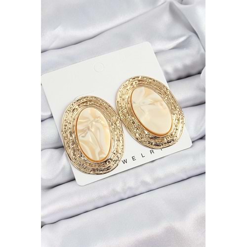 Pirinç Mermer Desenlli Bej Sedef Oval Vintage Model Gold Renk Kadın Küpe