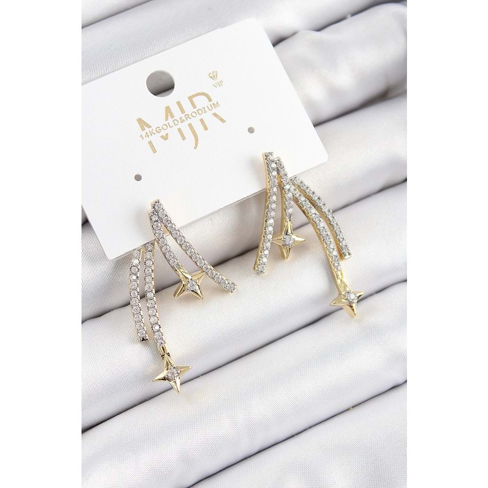 Pirinç Zirkon Taşlı Kayan Yıldız Model Gold Ve Gümüş Renk Kadın Küpe