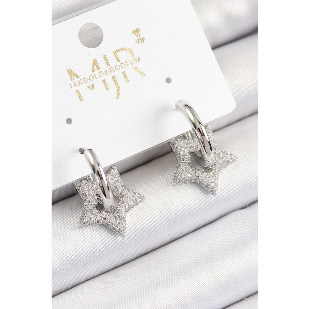 Pirinç Zirkon Taşlı Yıldız Figürlü Halka Model Gümüş Renk Kadın Küpe