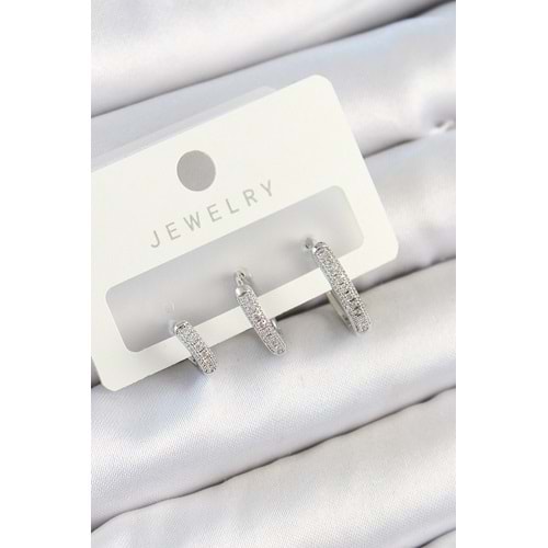 Pirinç Zirkon Taşlı Halka Model Gümüş Renk 3'lü Çift Kadın Küpe Set