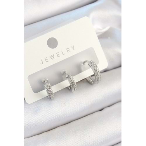 Pirinç Zirkon Taşlı Halka Model Gümüş Renk 3'lü Çift Kadın Küpe Set