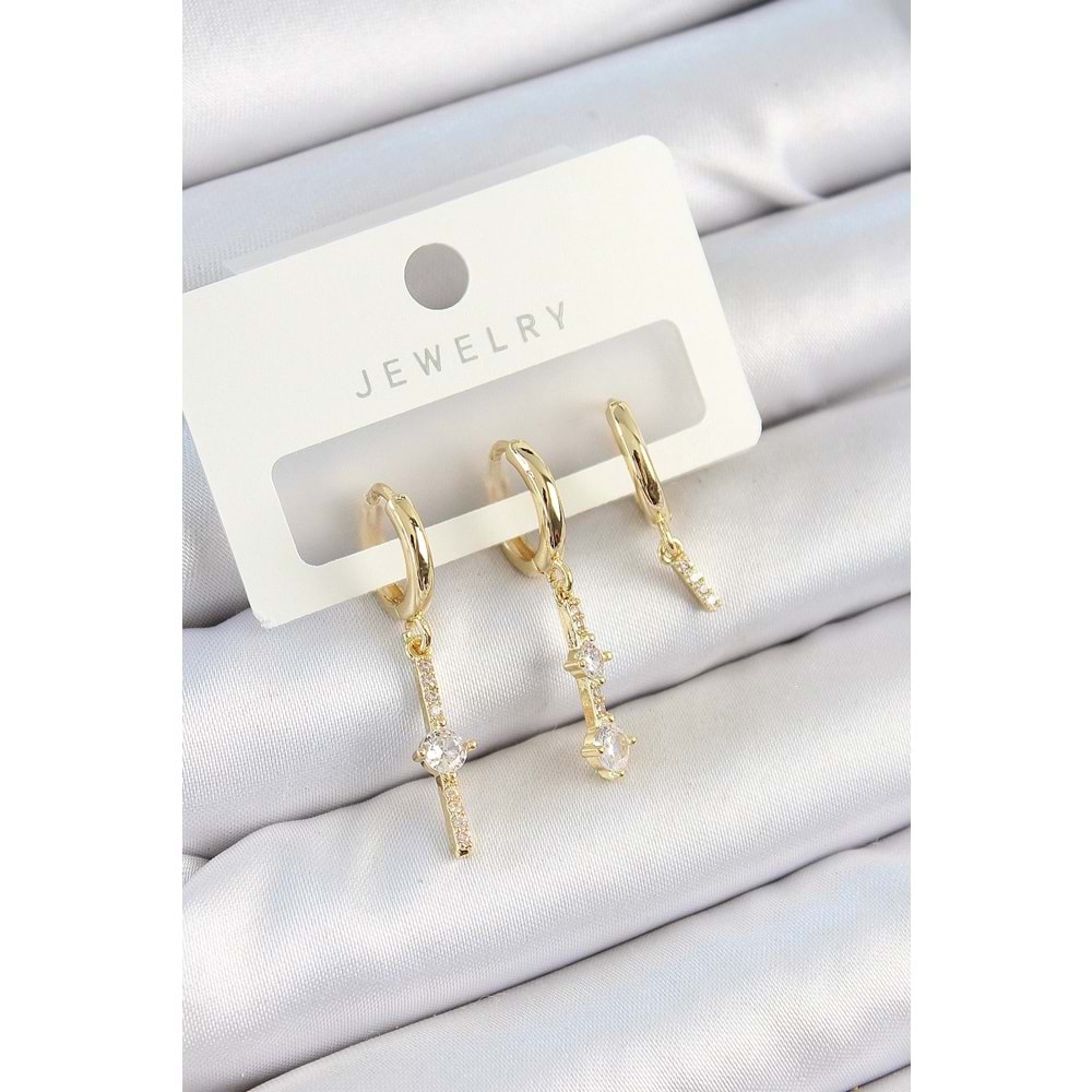 Pirinç Zirkon Taşlı Sallantılı Model Gold Renk 3'lü Çift Kadın Küpe Set