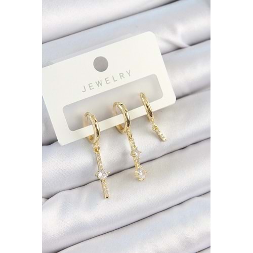 Pirinç Zirkon Taşlı Sallantılı Model Gold Renk 3'lü Çift Kadın Küpe Set