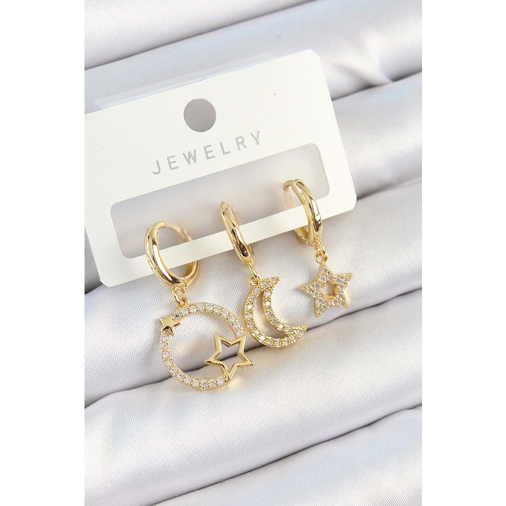 Pirinç Zirkon Taşlı Yıldız Ve Ay Model Gold Renk 3'lü Çift Kadın Küpe Set