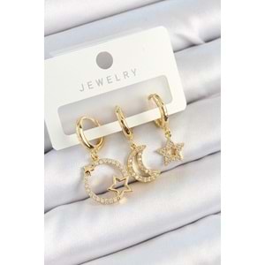 Pirinç Zirkon Taşlı Yıldız Ve Ay Model Gold Renk 3'lü Çift Kadın Küpe Set