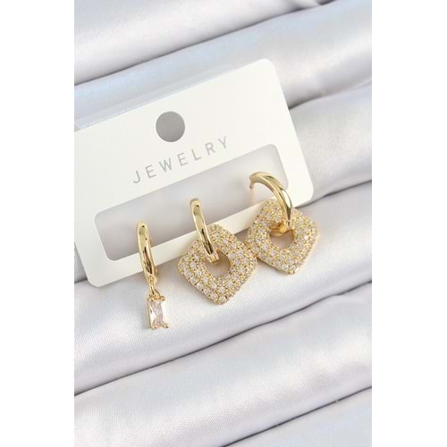 Pirinç Zirkon Taşlı Kare Model Gold Renk 3'lü Çift Kadın Küpe Set